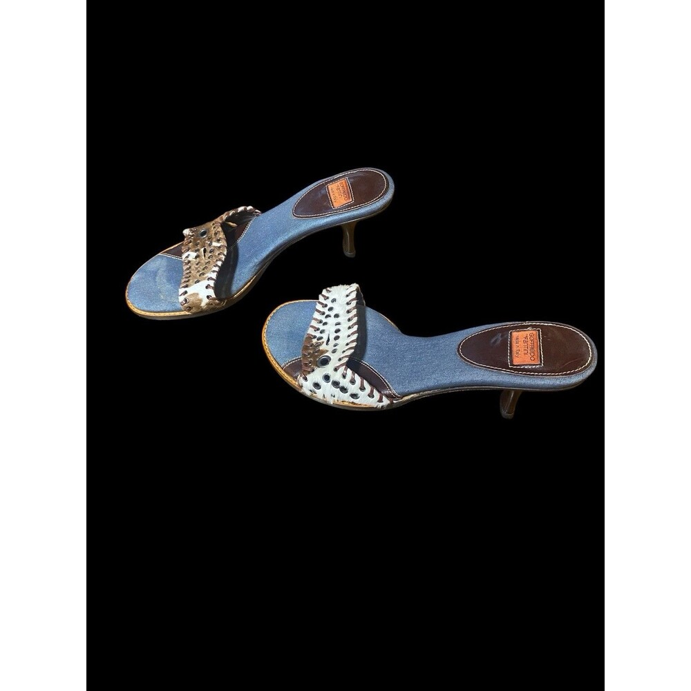 Vtg GOFFREDO FANTINI Italy Denim Cowhide Hair Slides Sandals Studded Y2K Sz 39